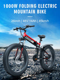 26" Folding Electric Fat Tire Mountain Bike - 1,000W/48V/14AH/37mph - For All Road Conditions including City Pavement, Dirt, Snow and Beach